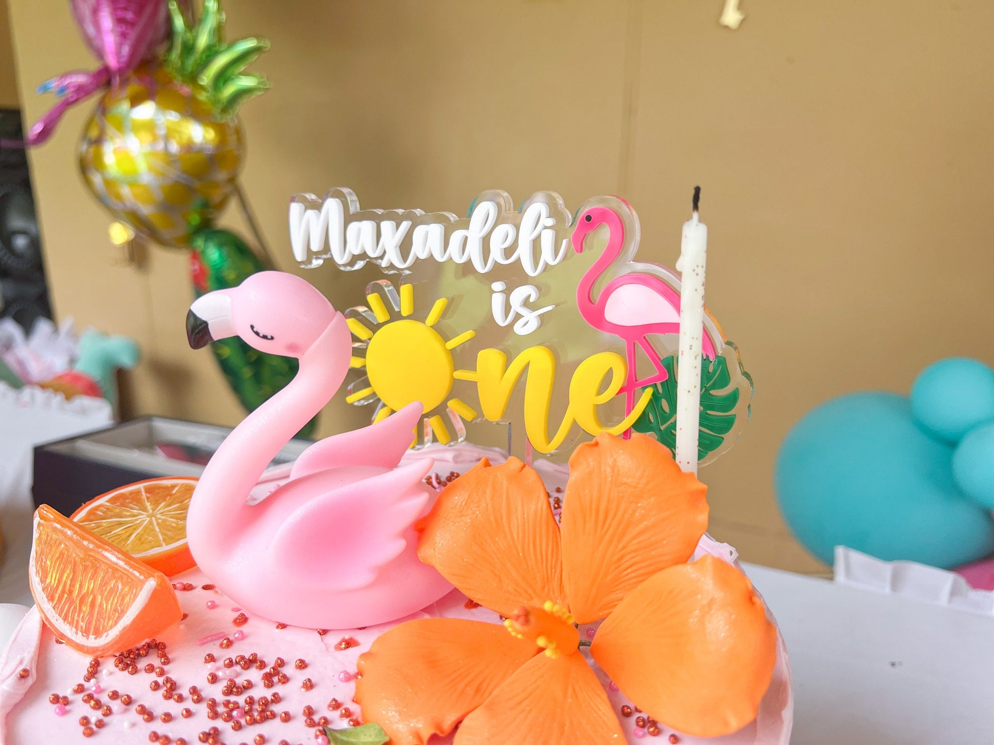 Personalized First Birthday Cake Topper, One in the Sun, Tropical First Birthday Cake Topper, Flamingo Cake Topper, One year birthday cake