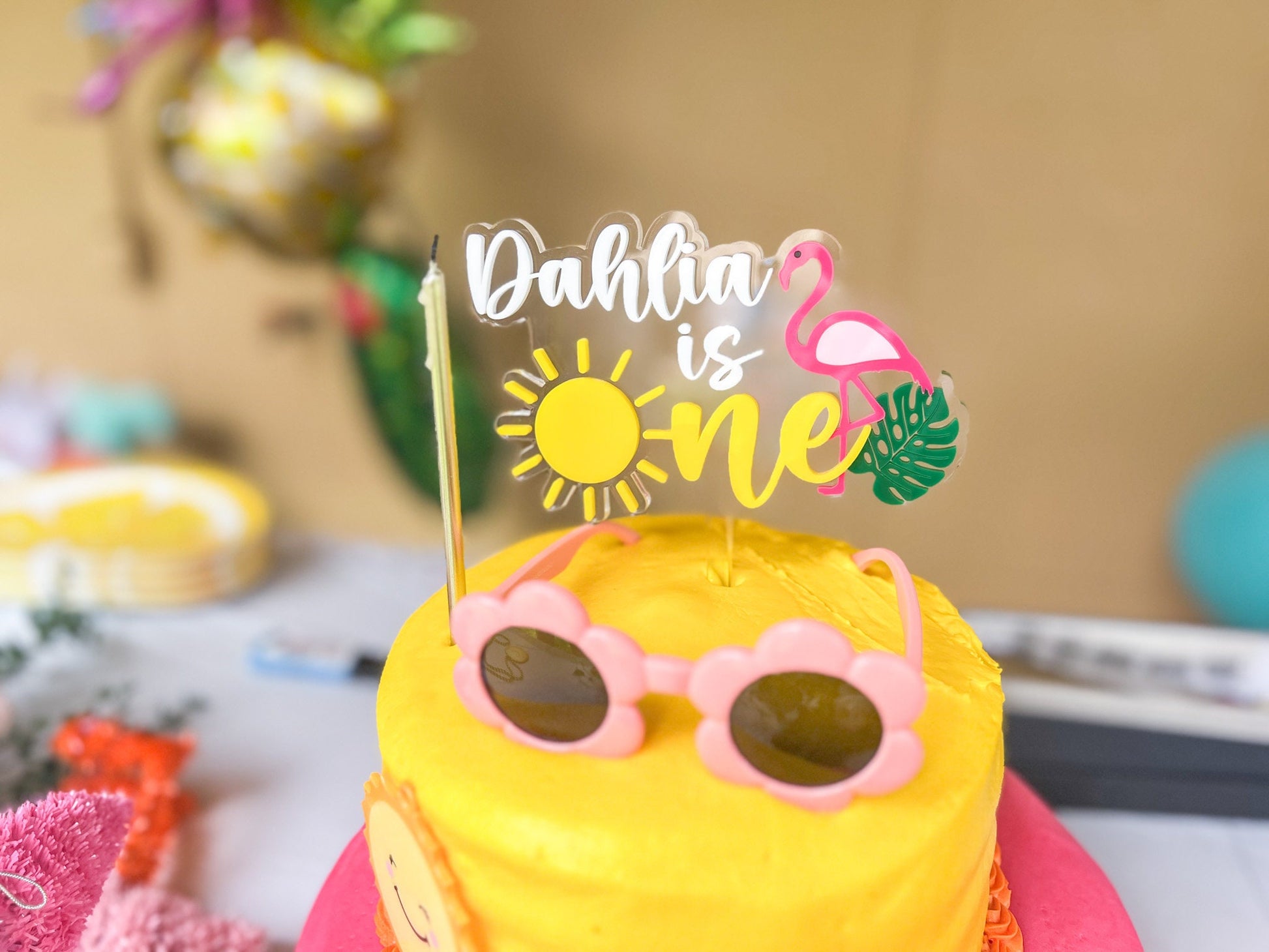 Personalized First Birthday Cake Topper, One in the Sun, Tropical First Birthday Cake Topper, Flamingo Cake Topper, One year birthday cake