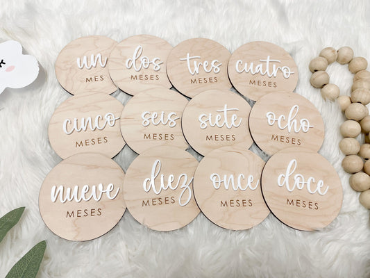 Spanish Monthly Milestone Marker, Baby Month Photo Sign, Monthly Wooden Milestone Discs, Baby Shower Gift, Espanol Baby Milestone Acrylic