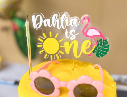 Personalized First Birthday Cake Topper, One in the Sun, Tropical First Birthday Cake Topper, Flamingo Cake Topper, One year birthday cake