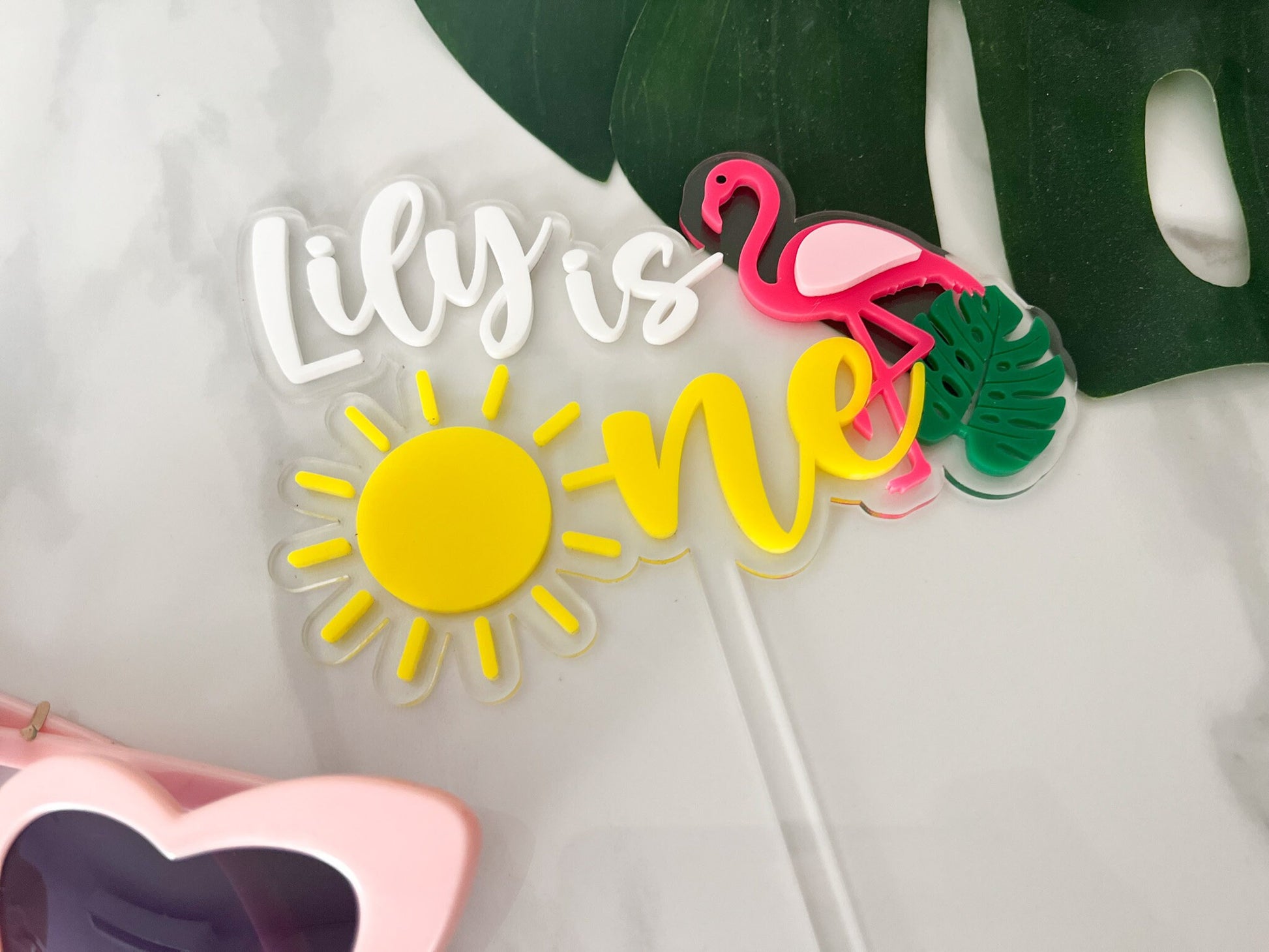 Personalized First Birthday Cake Topper, One in the Sun, Tropical First Birthday Cake Topper, Flamingo Cake Topper, One year birthday cake