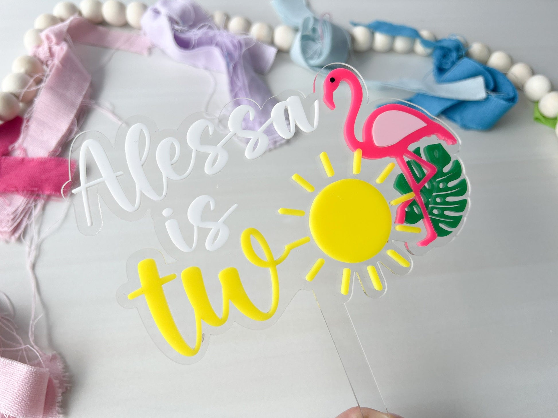 Personalized Second Birthday Cake Topper, One in the Sun, Tropical Second Birthday Cake Topper, Flamingo Cake Topper, Two year birthday cake