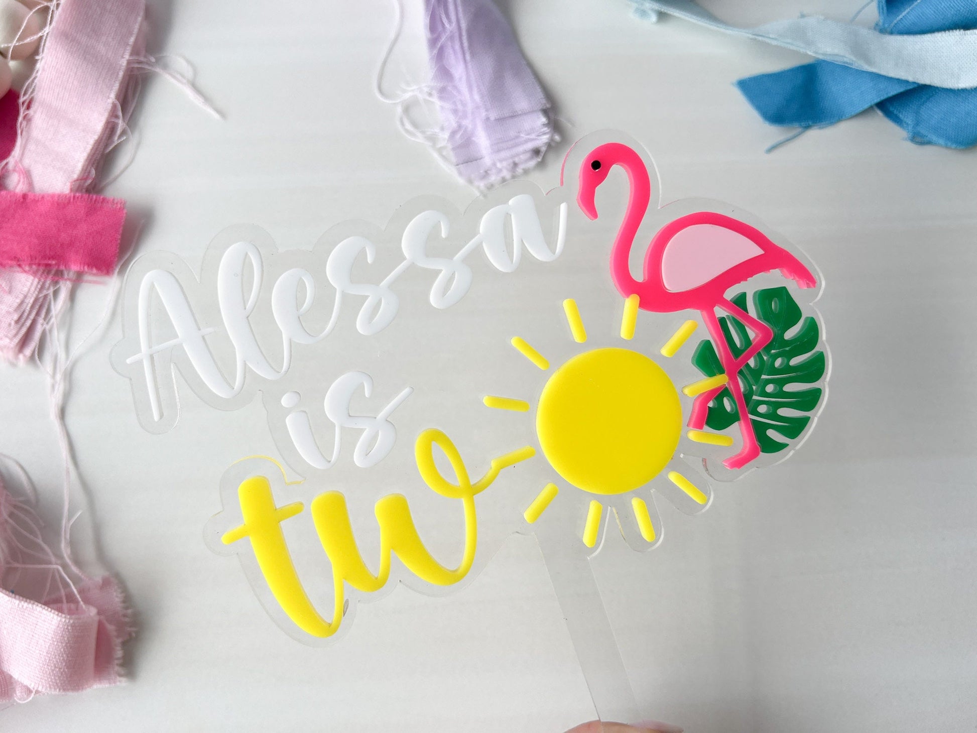 Personalized Second Birthday Cake Topper, One in the Sun, Tropical Second Birthday Cake Topper, Flamingo Cake Topper, Two year birthday cake