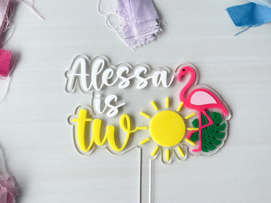 Personalized Second Birthday Cake Topper, One in the Sun, Tropical Second Birthday Cake Topper, Flamingo Cake Topper, Two year birthday cake