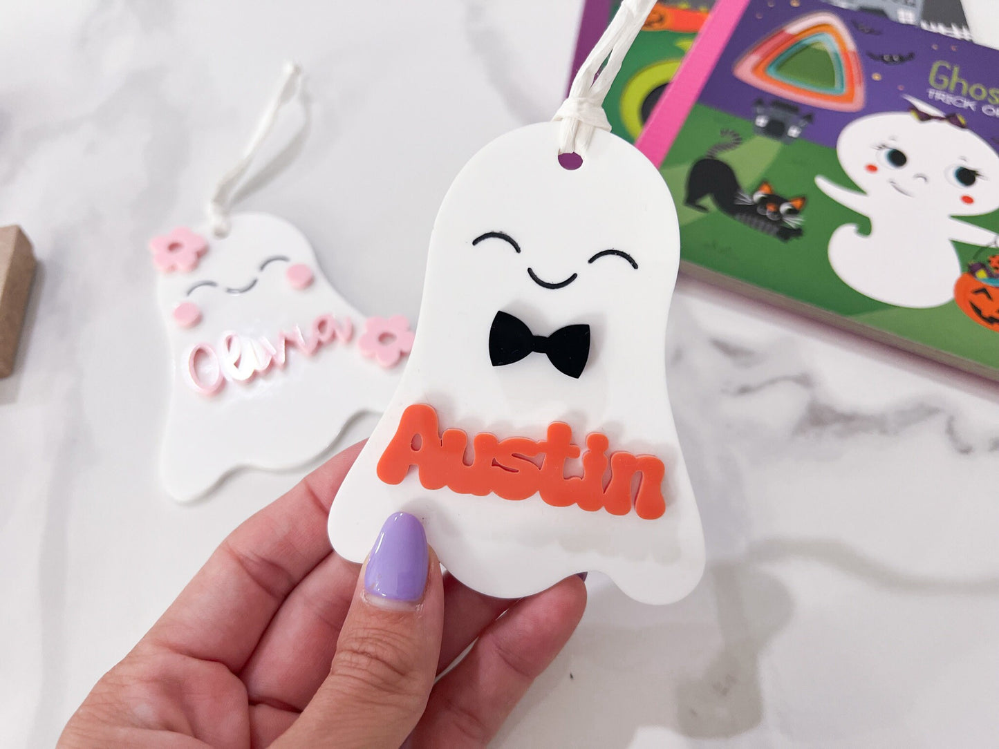 Halloween Name Tags, Ghost Candy Basket Tag, Custom Name for Kids Trick Or Treat Bucket, Ghost Daisy Boo Basket Tag