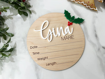 Baby Hospital Sign, Holiday Baby Birth Announcement, December Baby Name Sign for Hospital, Baby Birth Stats Sign, Newborn Announcement