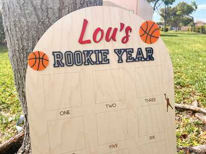 Basketball Birthday Photo Board, Sport Theme First Birthday, Rookie Year First Photo Board, 1st Birthday Basketball Party, 12 Month Photo