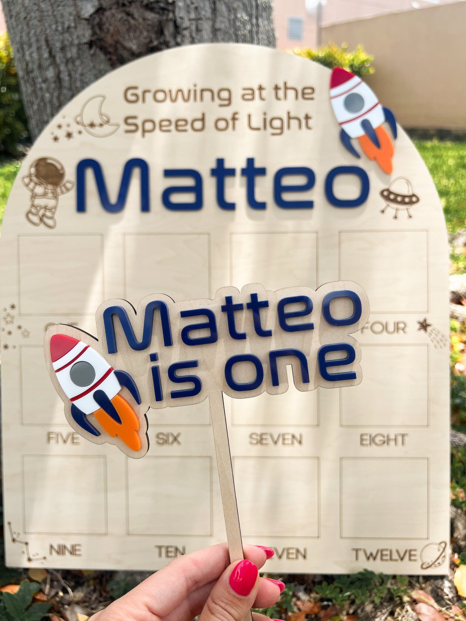 Outer Space Theme First Birthday Cake Topper, Personalized Acrylic Cake Topper, Space theme Galaxy Party Decor, Rocket Ship 1st Birthday