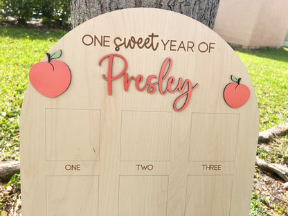 One Sweet Year Photo Board, One Sweet Peach Birthday decor, Baby's first year Sign, 12 month frame, Peachy One 1st Birthday Photo Collage