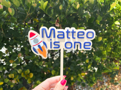 Outer Space Theme First Birthday Cake Topper, Personalized Acrylic Cake Topper, Space theme Galaxy Party Decor, Rocket Ship 1st Birthday