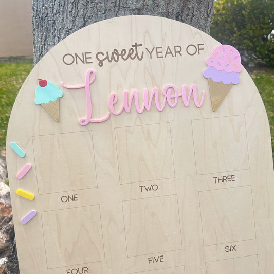 One Sweet Year Photo Board, Ice Cream Birthday Party, Sweets Theme First Birthday Monthly Photo Board, Sweet One First Year Photo Display
