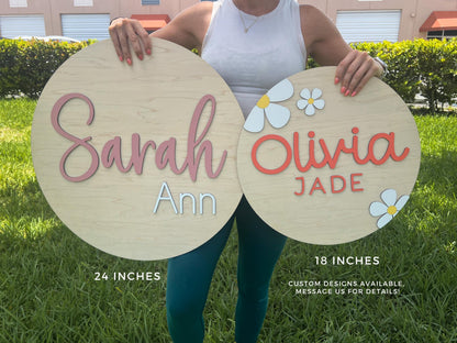 Round Wood Nursery Name Sign, Floral Above Crib Name Sign, 3D Custom Name Sign, Baby Shower Gift, Baby Name Reveal, Girl Daisy Nursery Theme