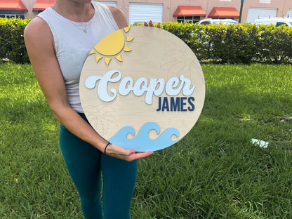 Nursery Name Sign, 3D Custom Ocean Wave Name Sign, Round Wood Room Sign, Baby Name Reveal, Beach Surf Nursery Theme, Nautical Crib Sign