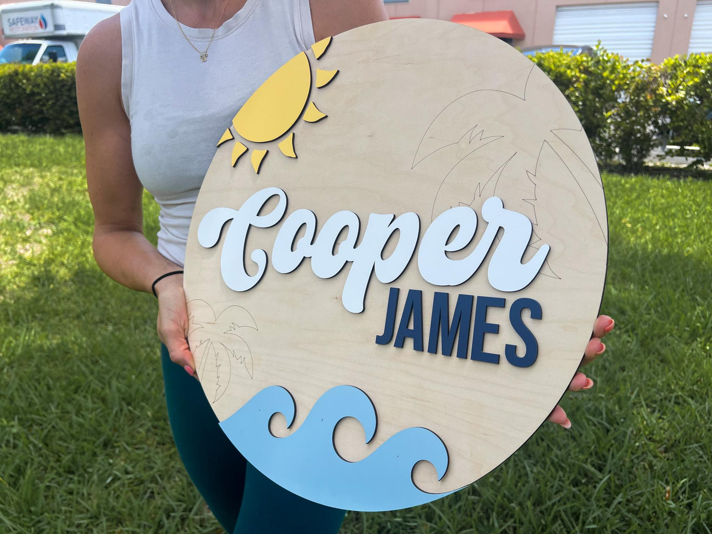 Nursery Name Sign, 3D Custom Ocean Wave Name Sign, Round Wood Room Sign, Baby Name Reveal, Beach Surf Nursery Theme, Nautical Crib Sign
