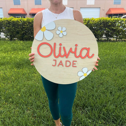Round Wood Nursery Name Sign, Floral Above Crib Name Sign, 3D Custom Name Sign, Baby Shower Gift, Baby Name Reveal, Girl Daisy Nursery Theme