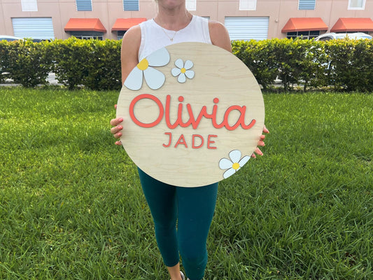 Round Wood Nursery Name Sign, Floral Above Crib Name Sign, 3D Custom Name Sign, Baby Shower Gift, Baby Name Reveal, Girl Daisy Nursery Theme