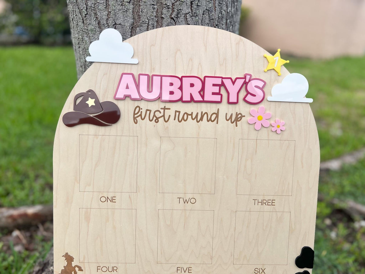 One Year Of First Birthday Photo Board, First Round Up Toy Theme First Birthday, 1st Birthday My First Rodeo Party, Cowgirl Toy Birthday