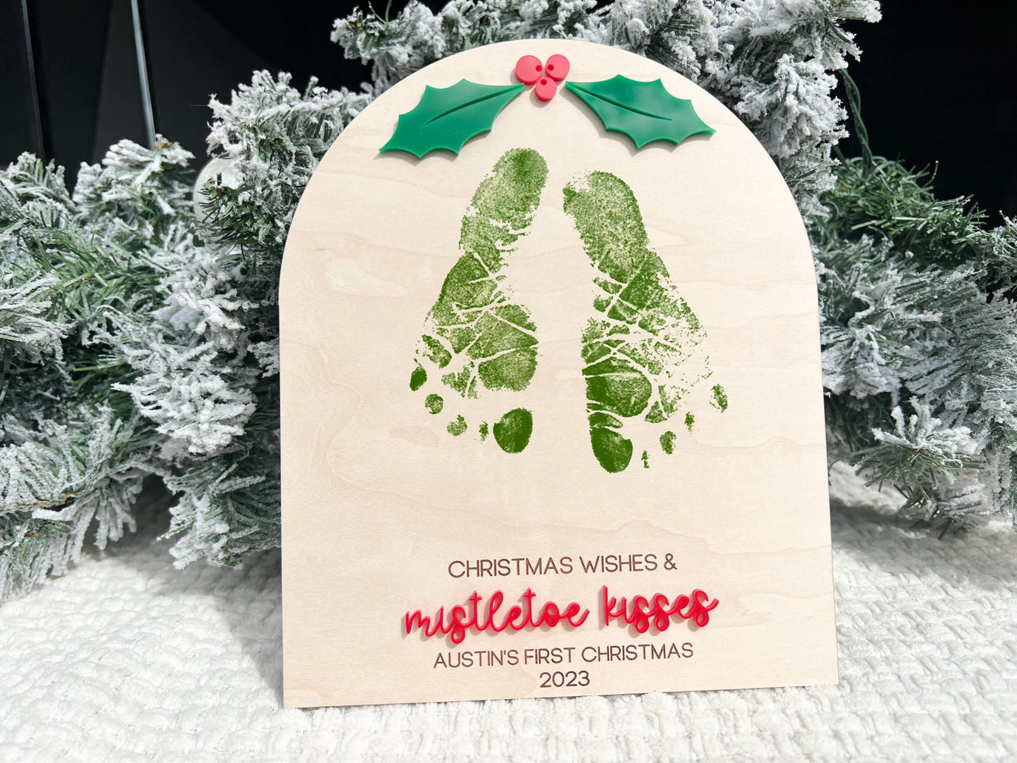 Christmas Footprint Sign Board, Mistletoe Kids Christmas Footprint Craft, Mistletoe Kisses Footprint Keepsake Board, Baby Feet Christmas