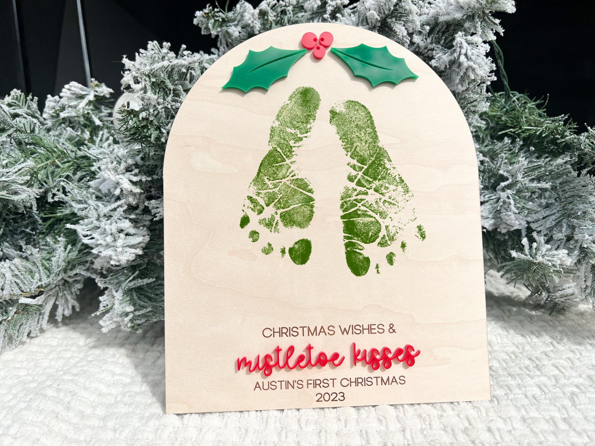 Christmas Footprint Sign Board, Mistletoe Kids Christmas Footprint Craft, Mistletoe Kisses Footprint Keepsake Board, Baby Feet Christmas