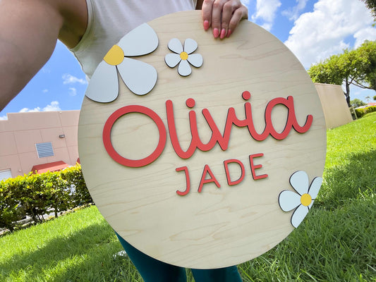 Round Wood Nursery Name Sign, Floral Above Crib Name Sign, 3D Custom Name Sign, Baby Shower Gift, Baby Name Reveal, Girl Daisy Nursery Theme