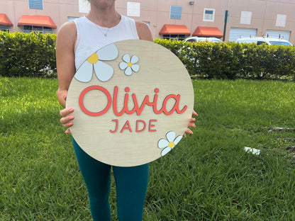 Round Wood Nursery Name Sign, Floral Above Crib Name Sign, 3D Custom Name Sign, Baby Shower Gift, Baby Name Reveal, Girl Daisy Nursery Theme