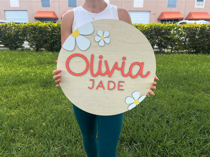 Round Wood Nursery Name Sign, Floral Above Crib Name Sign, 3D Custom Name Sign, Baby Shower Gift, Baby Name Reveal, Girl Daisy Nursery Theme