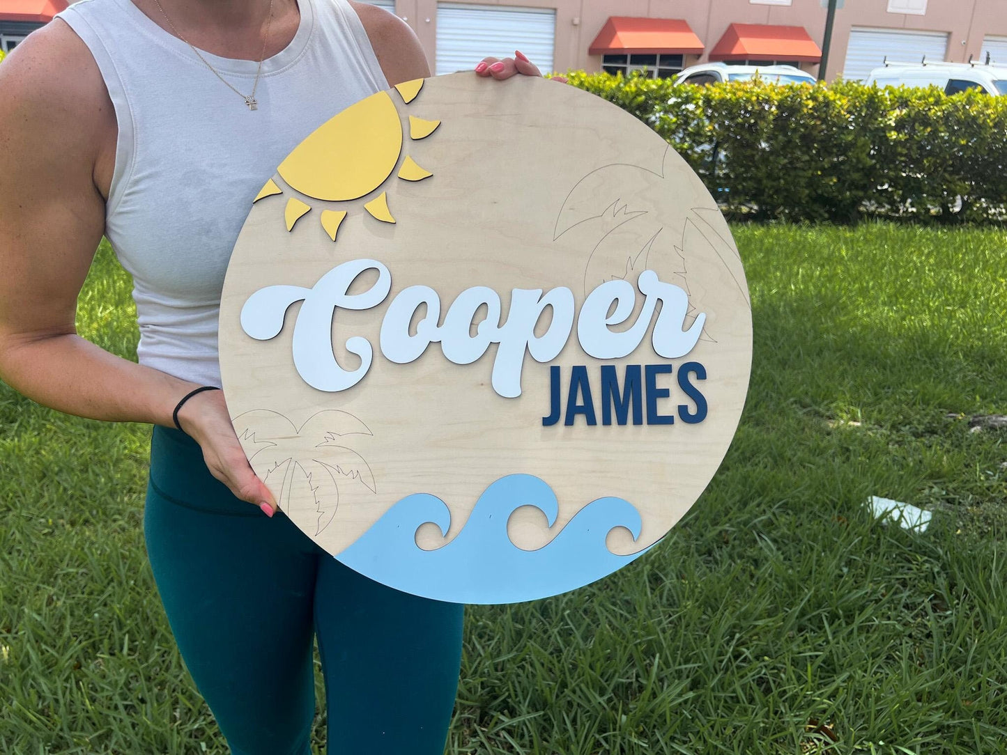 Nursery Name Sign, 3D Custom Ocean Wave Name Sign, Round Wood Room Sign, Baby Name Reveal, Beach Surf Nursery Theme, Nautical Crib Sign