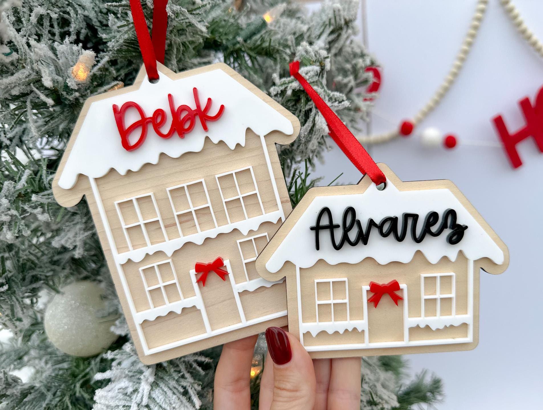 Last Name Ornament, Wooden Gingerbread House Family Ornament, Our First House Christmas Tag, 2024 Family Ornament, Snowy House Stocking Tag