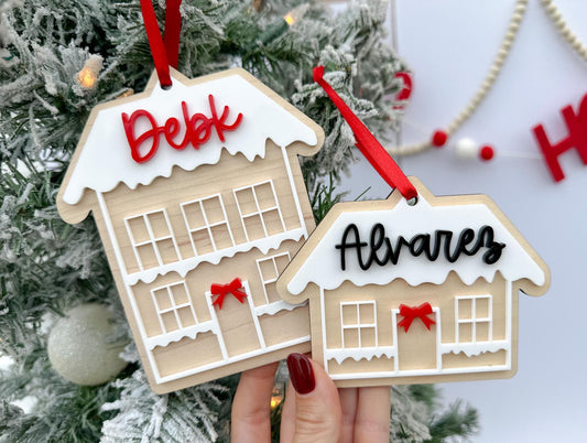 Last Name Ornament, Wooden Gingerbread House Family Ornament, Our First House Christmas Tag, 2024 Family Ornament, Snowy House Stocking Tag