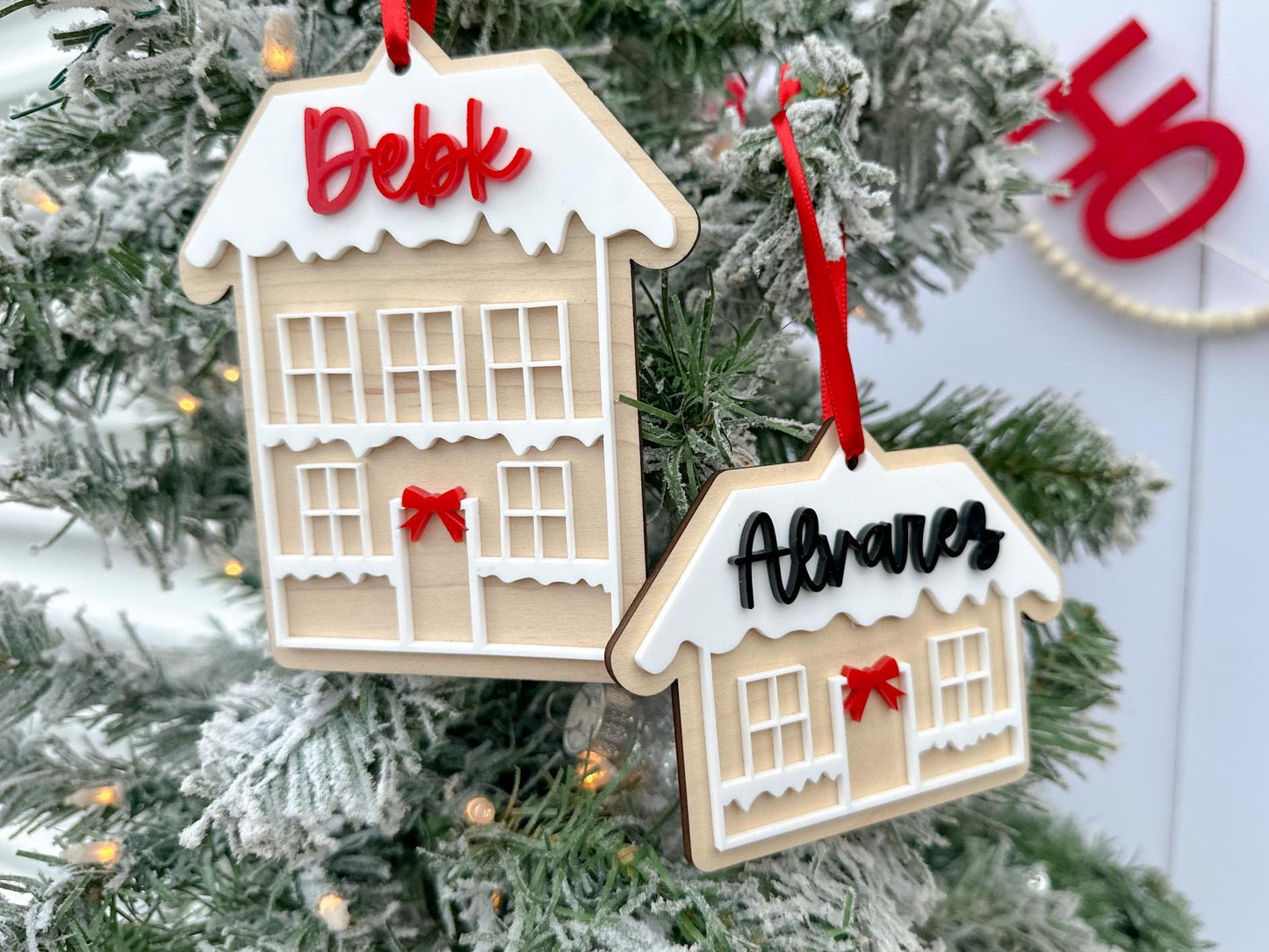 Last Name Ornament, Wooden Gingerbread House Family Ornament, Our First House Christmas Tag, 2024 Family Ornament, Snowy House Stocking Tag