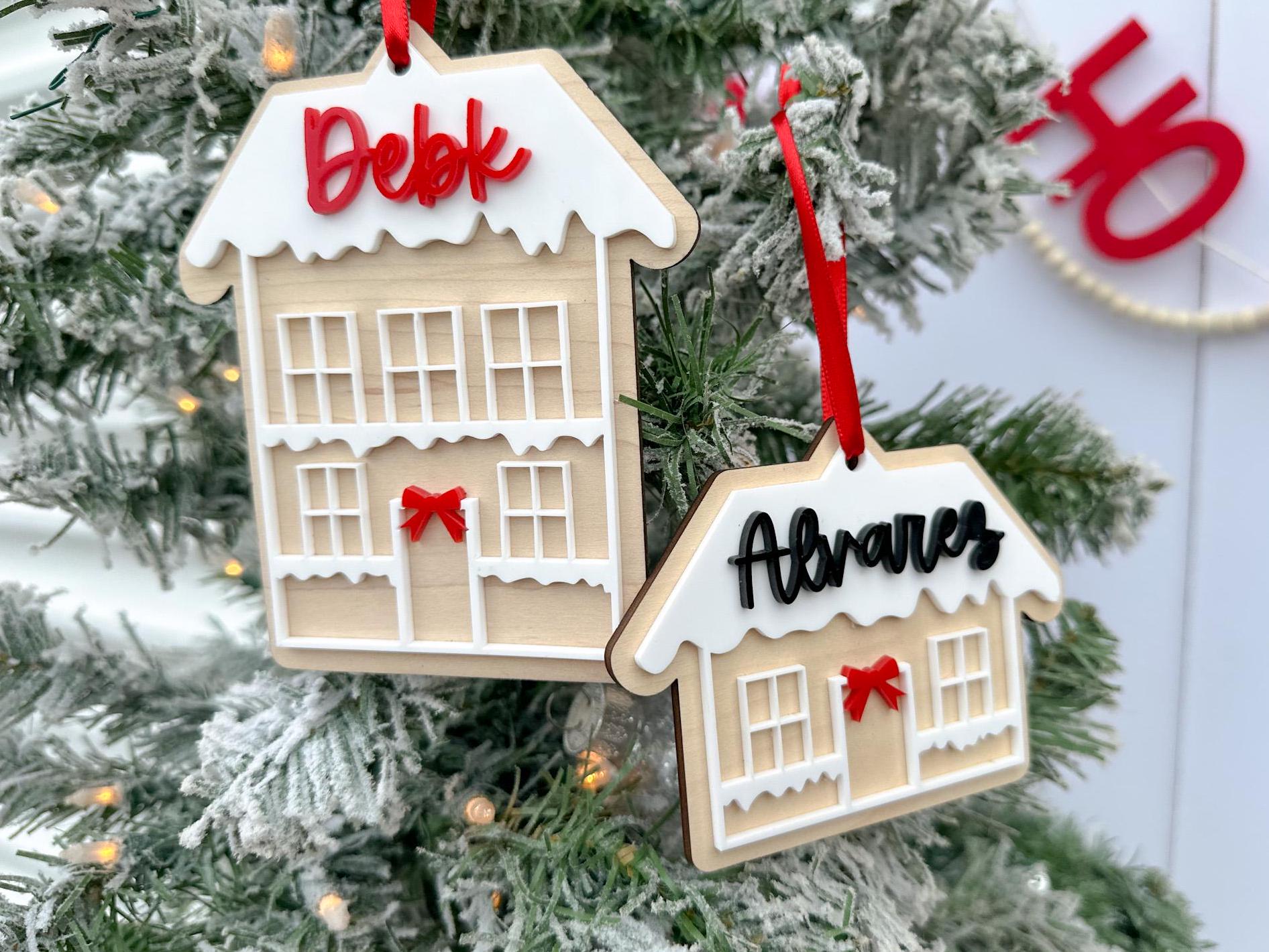 Last Name Ornament, Wooden Gingerbread House Family Ornament, Our First House Christmas Tag, 2024 Family Ornament, Snowy House Stocking Tag