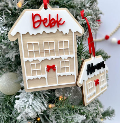 Last Name Ornament, Wooden Gingerbread House Family Ornament, Our First House Christmas Tag, 2024 Family Ornament, Snowy House Stocking Tag