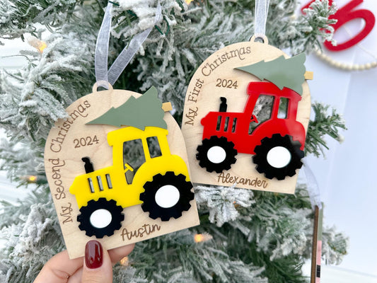 Boy First Christmas Ornament 2024, Baby's First Christmas Tractor Ornament, Kids Merry Christmas Ornament, Second Christmas Gift Tag