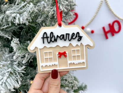 Last Name Ornament, Wooden Gingerbread House Family Ornament, Our First House Christmas Tag, 2024 Family Ornament, Snowy House Stocking Tag