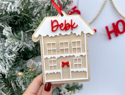 Last Name Ornament, Wooden Gingerbread House Family Ornament, Our First House Christmas Tag, 2024 Family Ornament, Snowy House Stocking Tag