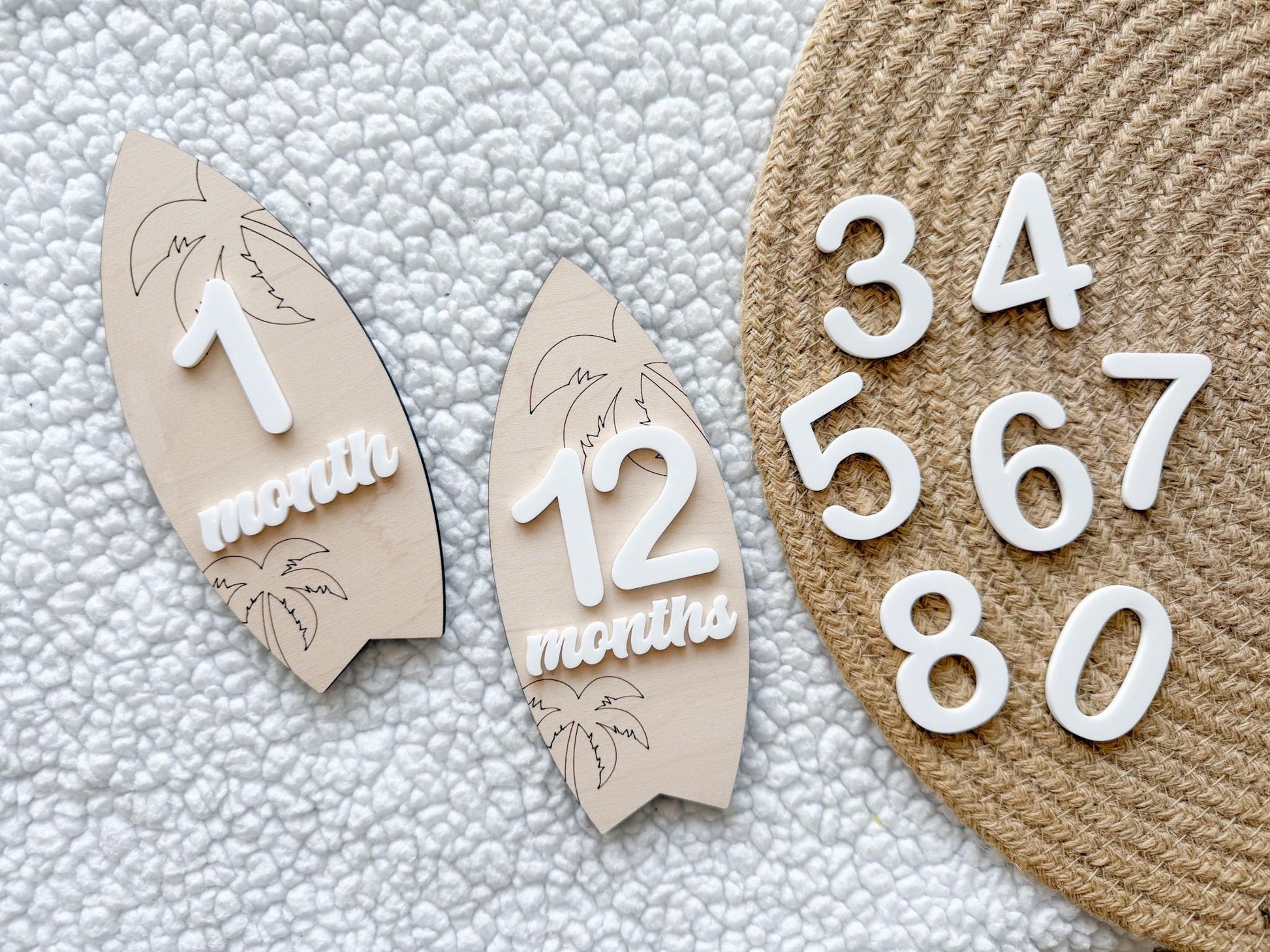 Baby Monthly Surfboard Milestone Marker, Interchangeable Month Baby Beach Milestone cards, Monthly Wooden Milestone Discs, Baby Photo Signs