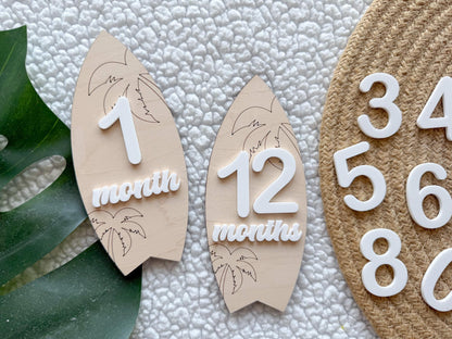 Baby Monthly Surfboard Milestone Marker, Interchangeable Month Baby Beach Milestone cards, Monthly Wooden Milestone Discs, Baby Photo Signs