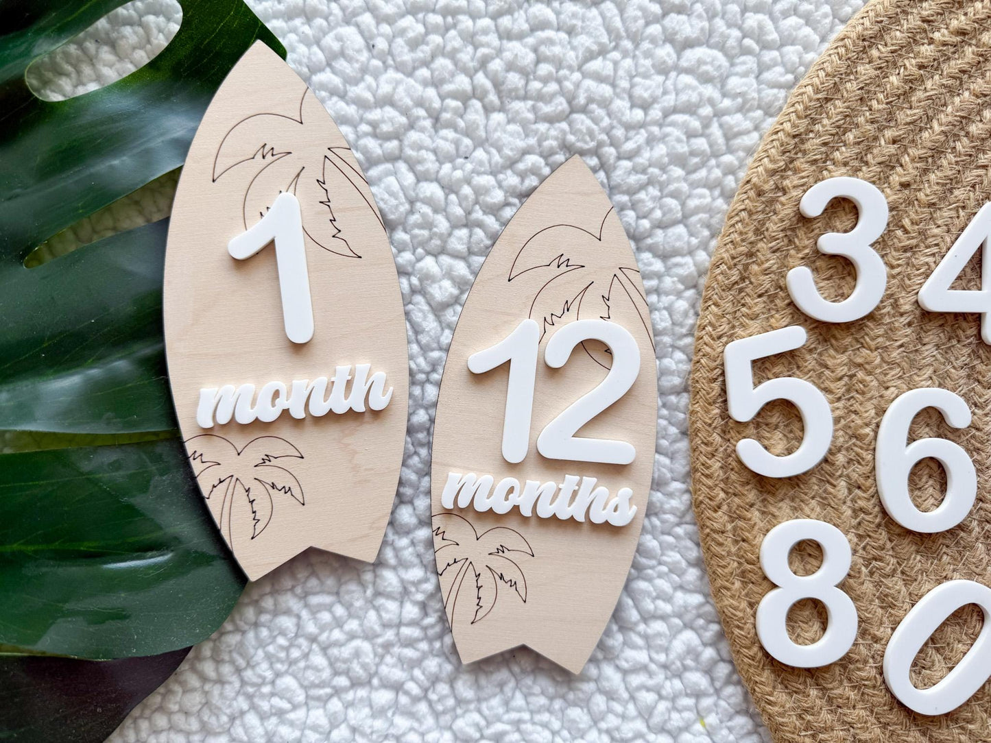 Baby Monthly Surfboard Milestone Marker, Interchangeable Month Baby Beach Milestone cards, Monthly Wooden Milestone Discs, Baby Photo Signs