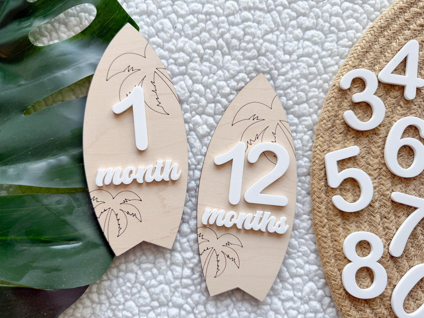 Baby Monthly Surfboard Milestone Marker, Interchangeable Month Baby Beach Milestone cards, Monthly Wooden Milestone Discs, Baby Photo Signs