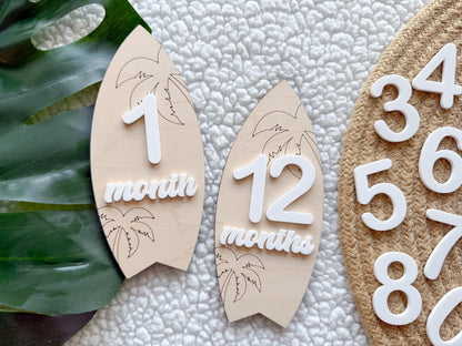 Baby Monthly Surfboard Milestone Marker, Interchangeable Month Baby Beach Milestone cards, Monthly Wooden Milestone Discs, Baby Photo Signs