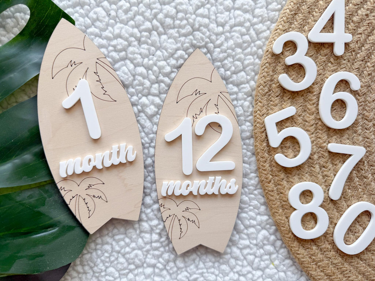 Baby Monthly Surfboard Milestone Marker, Interchangeable Month Baby Beach Milestone cards, Monthly Wooden Milestone Discs, Baby Photo Signs