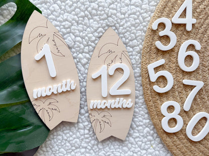 Baby Monthly Surfboard Milestone Marker, Interchangeable Month Baby Beach Milestone cards, Monthly Wooden Milestone Discs, Baby Photo Signs