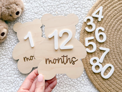 Teddy Bear Monthly Milestone Marker, Interchangeable Month Baby Bear Milestone cards, Monthly Wooden Milestone Discs, Baby Photo Signs
