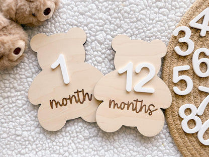 Teddy Bear Monthly Milestone Marker, Interchangeable Month Baby Bear Milestone cards, Monthly Wooden Milestone Discs, Baby Photo Signs