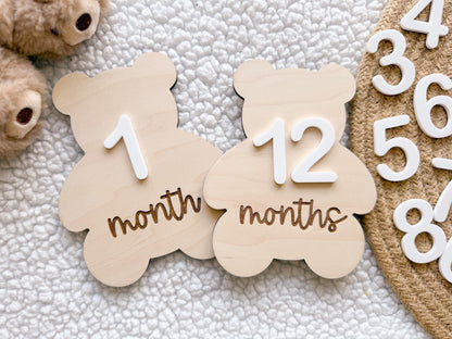 Teddy Bear Monthly Milestone Marker, Interchangeable Month Baby Bear Milestone cards, Monthly Wooden Milestone Discs, Baby Photo Signs