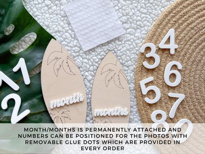 Baby Monthly Surfboard Milestone Marker, Interchangeable Month Baby Beach Milestone cards, Monthly Wooden Milestone Discs, Baby Photo Signs