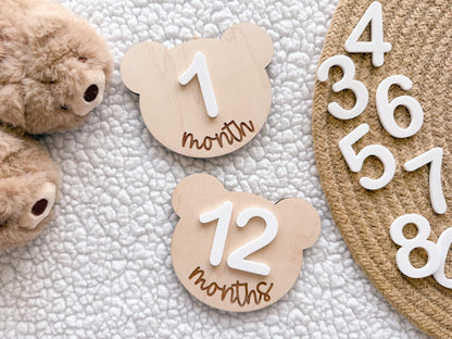 Teddy Bear Monthly Milestone Marker, Interchangeable Month Baby Bear Milestone cards, Monthly Wooden Milestone Discs, Baby Photo Signs