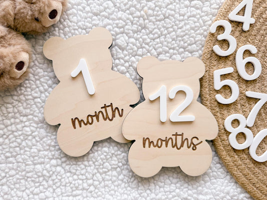 Teddy Bear Monthly Milestone Marker, Interchangeable Month Baby Bear Milestone cards, Monthly Wooden Milestone Discs, Baby Photo Signs