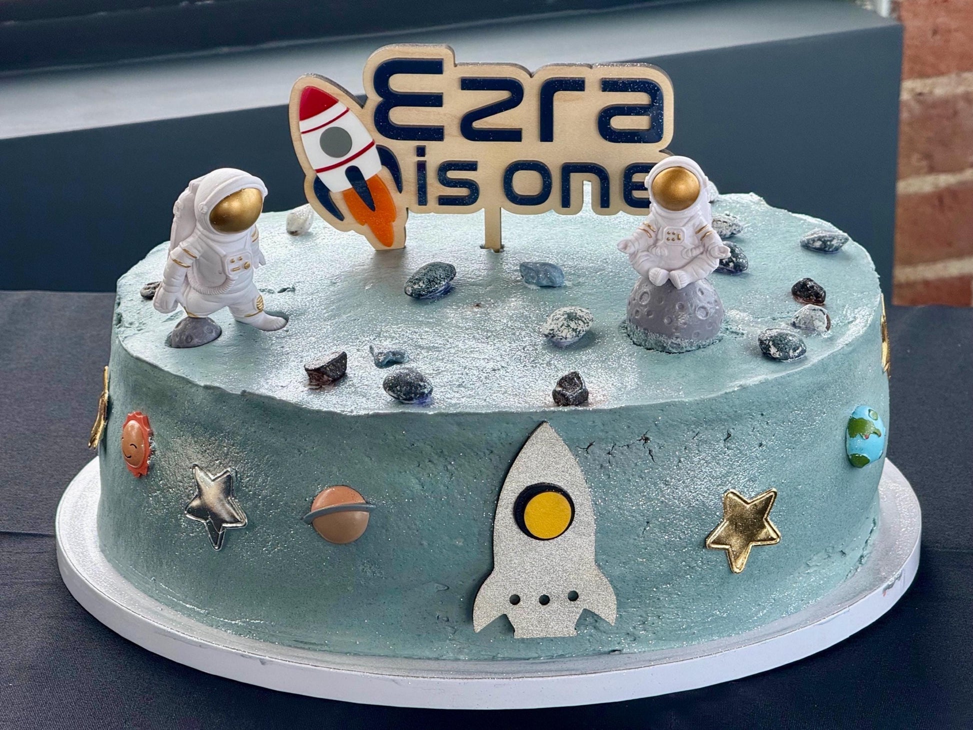 Outer Space Theme First Birthday Cake Topper, Personalized Acrylic Cake Topper, Space theme Galaxy Party Decor, Rocket Ship 1st Birthday