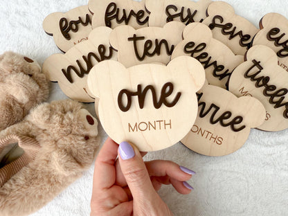 Teddy Bear Monthly Milestone Marker, Interchangeable Month Baby Bear Milestone cards, Monthly Wooden Milestone Discs, Baby Photo Signs